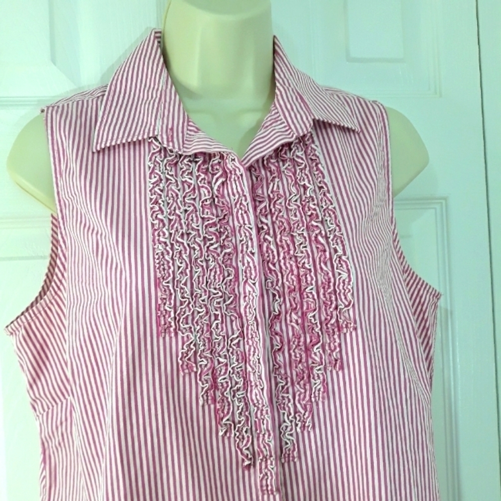 Lauren Ralph Lauren Cotton Striped  Pink White Sleeveless Top Button Down Sz 10 - Picture 2 of 9
